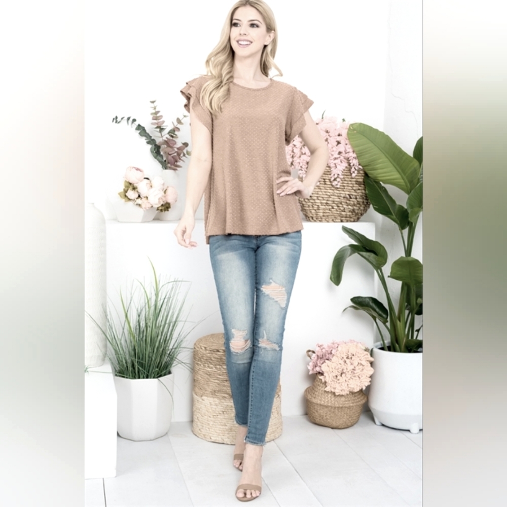 Perfect Peach  Ruffle Sleeve Swiss Dot Top Tan Color Small